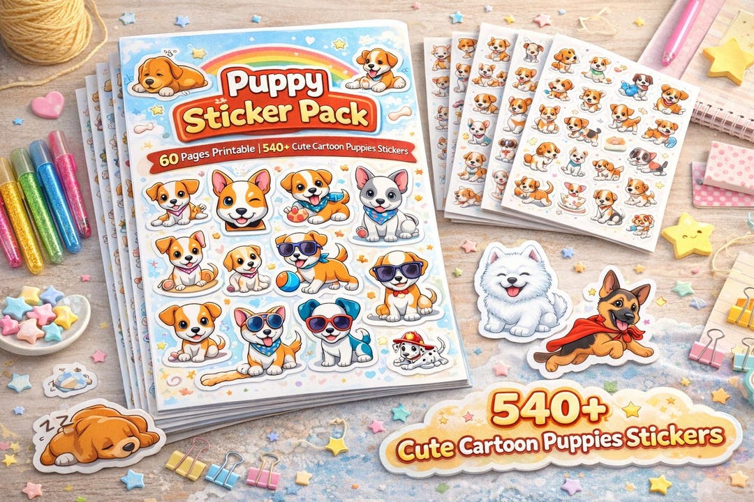 Puppy Sticker Pack | 60 Pages Printable | 540+ Cute Cartoon Puppies ...