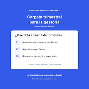 Puede incluir: Una plantilla de documento digital titulada Carpeta trimestral para la gestoría sobre fondo azul. Incluye un recuadro blanco con una lista de verificación para la organización trimestral, con pasos para marcar y anotar.