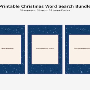 Puede incluir: Un paquete digital de búsqueda de palabras navideñas con tres rompecabezas en diferentes idiomas. La imagen muestra tres paneles rectangulares con texto en francés, inglés y español, sobre un fondo azul oscuro con motas blancas. El título dice "Printable Christmas Word Search Bundle."