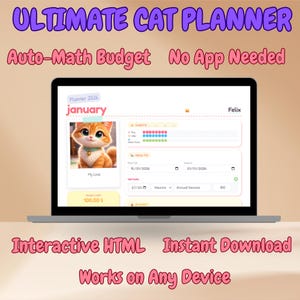 Puede incluir: Una computadora portátil muestra una interfaz de planificador de gatos con el texto "ULTIMATE CAT PLANNER". La pantalla muestra una imagen de gato de dibujos animados, rastreadores de hábitos y secciones de salud y presupuesto. El texto incluye "Auto-Math Budget", "No App Needed", "Interactive HTML" e "Instant Download".