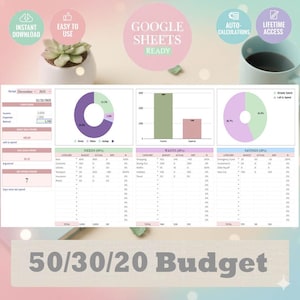 50/30/20 Monthly Budget Spreadsheet Excel | Simple Expense Tracker | Personal Finance Planner | Savings Tracker | Pastel Budget Template
