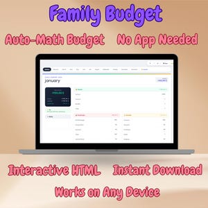 Puede incluir: Una computadora portátil muestra una hoja de cálculo de "Presupuesto Familiar". La pantalla presenta una descripción general financiera de enero, con categorías de ingresos y gastos. El texto superior dice "Auto-Math Budget No App Needed". Textos adicionales: "Interactive HTML Instant Download" y "Works on Any Device."