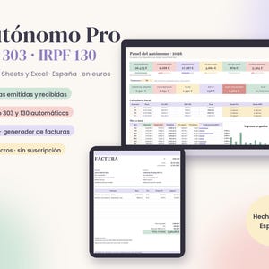 Puede incluir: Un panel de control contable digital titulado Autonomo Pro IVA 303 IRPF 130 mostrado en una laptop y una tablet. La interfaz presenta tablas de datos financieros, formularios de impuestos y herramientas de facturación con encabezados y gráficos en tonos pastel.
