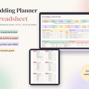Puede incluir: Una hoja de cálculo digital para planificar bodas mostrada en la pantalla de un portátil y una tableta. La interfaz presenta secciones en colores pastel para presupuesto, listas de invitados, planos de asientos y tareas, con el texto Wedding Planner Spreadsheet.