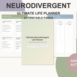 Könnte beinhalten: Ein digitaler Planer mit dem Titel "Ultimate Neurodivergent Life Planner" mit dem Text "21 druckbare Seiten". Der Planer enthält Abschnitte für ein Dopamin-Menü und einen visuellen Routineplaner. Das Design ist hell mit einem rosa-grünen Farbschema. Die Worte "ADHS & AUTISMUS" sind ebenfalls sichtbar.