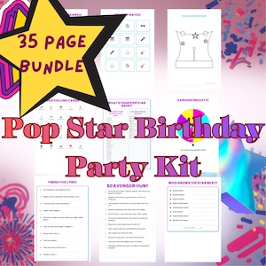 May include: A colorful Pop Star Birthday Party Kit with a 35-page bundle. The kit includes various activity sheets with games like karaoke roulette, scavenger hunts, and lyric challenges. The design features stars and musical elements.