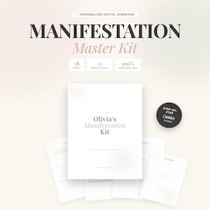 May include: A digital download titled "Manifestation Master Kit" with the text "Olivia's Manifestation Kit" on the cover. The image includes the text "38 pages", "15 unique tools", and "100% personalized". A black circular badge reads "Step-by-Step Guides Included".