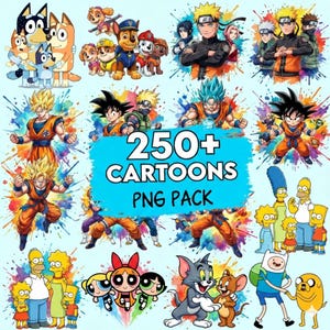 Puede incluir: Una colección de imágenes PNG de personajes de dibujos animados, incluyendo Bluey, La Patrulla Canina, Naruto y personajes de Dragon Ball Z. La imagen presenta un fondo azul con salpicaduras de pintura coloridas y el texto "250+ CARTOONS PNG PACK".