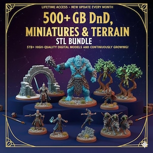 Peut inclure: Image promotionnelle pour un pack STL numérique avec des figurines et des terrains fantastiques. L'image présente diverses figurines imprimées en 3D, dont un grand géant bleu, des guerriers et des arbres. Le texte sur l'image indique "500+ GB DnD, MINIATURES & TERRAIN STL BUNDLE."