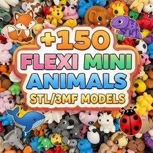 Könnte beinhalten: Eine Ansammlung farbenfroher, miniaturisierter Tierfiguren, darunter ein Fuchs, ein Wal, ein Marienkäfer und ein Elefant, wird gezeigt. Das Bild zeigt den Text "+150 FLEXI MINI ANIMALS STL/3MF MODELS" in einem lebendigen, mehrfarbigen Design.