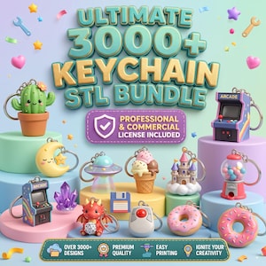 May include: A digital collection of 3000+ keychain STL files featuring various designs like a cactus, arcade machines, a moon, a UFO, ice cream, a castle, a gumball machine, a dragon, a floppy disk, a mouse, and donuts with text overlays.