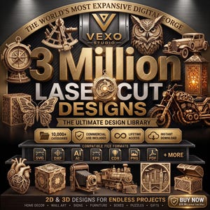 Può includere: Un grafico digitale con il testo VEXO STUDIO, 3 Million LASE CUT DESIGNS e THE ULTIMATE DESIGN LIBRARY. L'immagine mostra varie illustrazioni complesse in stile taglio laser, tra cui un gufo, una motocicletta, un treno, una fotocamera e un cuore.