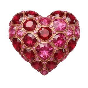 Può includere: Un ciondolo a forma di cuore con una cornice color oro, incrostato con pietre preziose rosse e rosa di varie dimensioni. Le pietre preziose sono sfaccettate e disposte vicine, creando un aspetto scintillante e lussuoso. Il cuore è isolato su sfondo bianco.