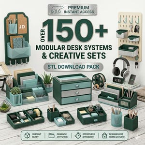 150+ Skrivbords- och kontorsorganisatörer STL-paket Skrivbordsförvaring, Pennhållare, Telefonställ Populära modeller, 3D-utskrivbara modeller och omedelbar nedladdning