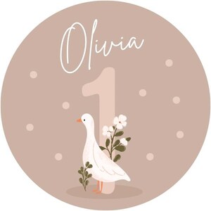 May include: A round, light brown graphic with the name "Olivia" in white script above a large number "1". A white goose with orange feet and beak is next to a floral arrangement. Small white dots are scattered around the design.