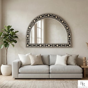 Black Bone Inlay Mirror 40x25, Arched Wall Mirror, Floral Boho Mirror, Entryway Mirror, Large Console Mirror Decor