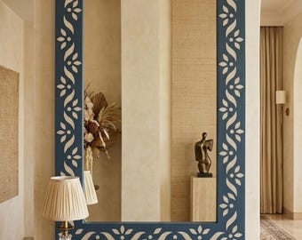Espejo de resina con incrustaciones de hueso azul hecho a mano / Espejo con marco de madera con incrustaciones florales / Espejo de pared estilo bohemio / Espejo de tocador para baño / Decoración para recibidor de 40 pulgadas