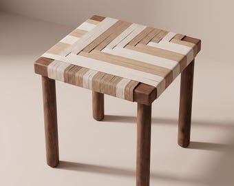 Handvävd reppall, Japandi-träpall, skandinavisk accentpall, minimalistisk vävd sits, modern bohemisk sidopall, handgjord träbänk