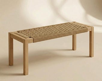 Mid Century Modern Entryway Bench, Woven Danish Cord Bench, Solid White Oak Shoe Bench,Scandinavian Wooden Bench,Handmade Minimalist Seating