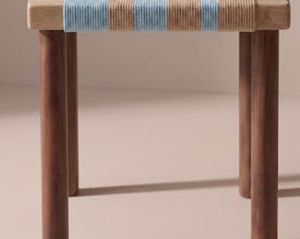 Handwoven Rope Stool, Japandi Wooden Accent Stool, Scandinavian Woven Seat, Boho Minimalist Footstool, Modern Rustic Decor