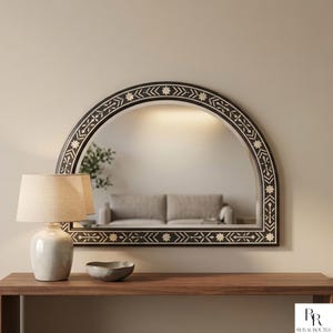 Black Bone Inlay Arched Mirror 40x25, Handmade Floral Wall Mirror, Boho Entryway Mirror, Luxury Console Mirror Decor