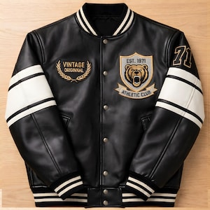 Chaqueta universitaria de cuero negro / Parche del oso del club atlético, Est. 1971 Número 71