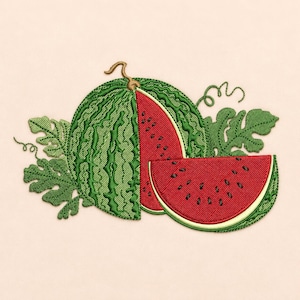 Può includere: Un disegno ricamato raffigurante un'anguria intera con buccia a strisce verde scuro, uno spicchio tagliato e una sezione trasversale. La polpa rossa vibrante contiene semi neri, circondata da foglie verdi dettagliate e viticci ricci.