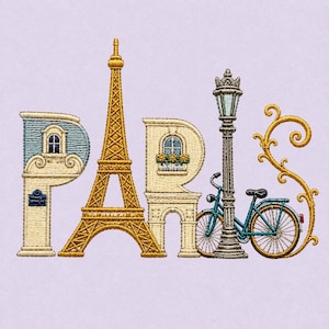 Könnte beinhalten: Ein Stickdesign mit dem Schriftzug PARIS. Der Buchstabe P ist ein cremefarbenes Gebäude mit blauem Dach, A ist ein goldener Eiffelturm, R ist ein cremefarbenes Gebäude mit Blumenkasten, I ist eine graue Straßenlaterne, S ist eine goldene Ranke mit blauem Fahrrad.