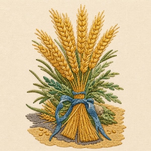 Pode incluir: Um bordado apresentando um feixe de talos de trigo dourado amarrados com uma fita azul. O trigo é cercado por folhagem verde e repousa sobre uma base texturizada de grãos dourados e pedras cinzas em um fundo de tecido bege claro.
