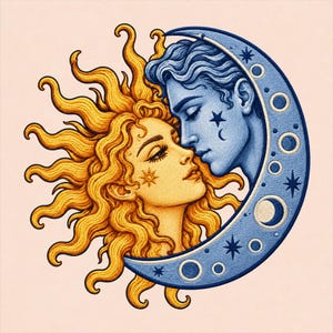May include: An embroidered patch featuring a golden sun with flowing hair and a blue crescent moon with a human face. The sun has a small star on its cheek, while the moon features star and circle patterns along its curved edge.