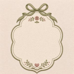 May include: An oval-shaped scalloped frame with an embroidered olive green border and a matching bow at the top. The cream-coloured centre features a small pink rose with green leaves at the top and a pink heart with green leaves at the bottom.