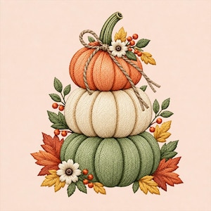 May include: A stack of three pumpkins featuring a textured knit appearance. The top pumpkin is orange, the middle is cream, and the bottom is sage green. The arrangement is decorated with twine, white flowers, green leaves, orange berries, and autumn-colored maple leaves.