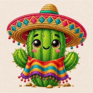 Op de afbeelding: Een geborduurde patch met een groene cactus met grote donkere ogen en een glimlachende mond. De cactus draagt een goudkleurige en roze sombrero met blauwgroene ruitpatronen en een kleurrijke gestreepte poncho in paarse, blauwe, oranje en rode tinten.
