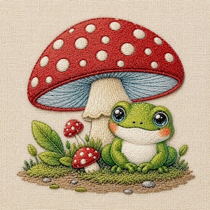 Frog with Red Mushroom Machine Embroidery Design, Woodland PES DST Download