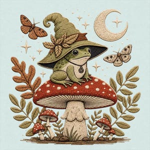 May include: An embroidery design featuring a green frog wearing a pointed hat and a small pendant, sitting atop a large red mushroom with white spots. The scene includes smaller mushrooms, brown moths, oak leaves, and a crescent moon with stars.
