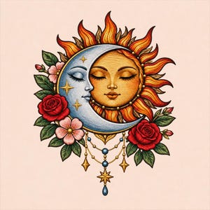 May include: A circular illustration featuring a golden sun and a blue crescent moon with closed eyes, surrounded by red and pink roses with green leaves. Below the celestial figures hang gold chains with small beads and star-shaped charms.