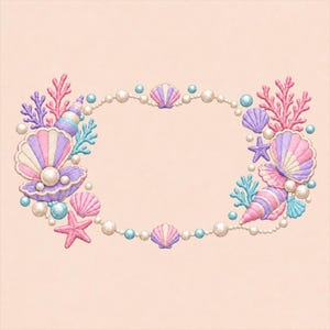 May include: An oval frame design featuring embroidered elements including pink and purple seashells, a pink starfish, blue and pink coral branches, and a string of white pearls and light blue beads against a solid light peach background.