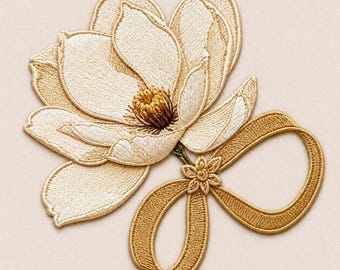 May include: An embroidered patch featuring a large, cream-colored magnolia flower with a textured golden-brown center. Attached to the base of the flower is a decorative, metallic gold-colored ribbon loop shaped like an infinity symbol.