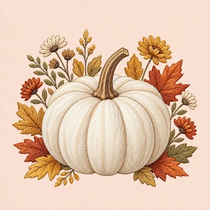 Può includere: Un'illustrazione ricamata di una zucca bianca con un gambo marrone, circondata da un gruppo di foglie autunnali arancioni, gialle e verdi e piccoli fiori, il tutto su uno sfondo color pesca chiaro con texture di filo visibili.