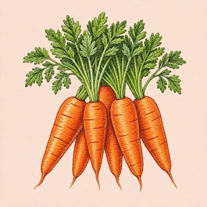 Könnte beinhalten: Eine botanische Illustration eines Bündels aus fünf leuchtend orangefarbenen Karotten mit detailliertem grünem Blattwerk. Die Karotten sind in einem Bündel angeordnet und zeigen ihre kegelförmige Gestalt, strukturierte Haut und lange, gefiederte grüne Stängel.