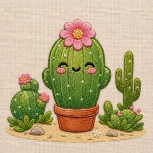 Puede incluir: Un parche bordado que muestra un cactus verde central en una maceta marrón con una flor rosa y una cara sonriente. A la izquierda hay un cactus redondo más pequeño con flores rosas y a la derecha un cactus alto y delgado con pequeñas flores rosas.