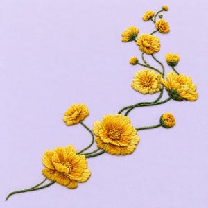 Puede incluir: Un diseño de bordado que presenta un grupo de flores de color amarillo vibrante con pétalos texturizados y centros de color naranja oscuro, unidas por tallos verdes finos y sinuosos y pequeños capullos.