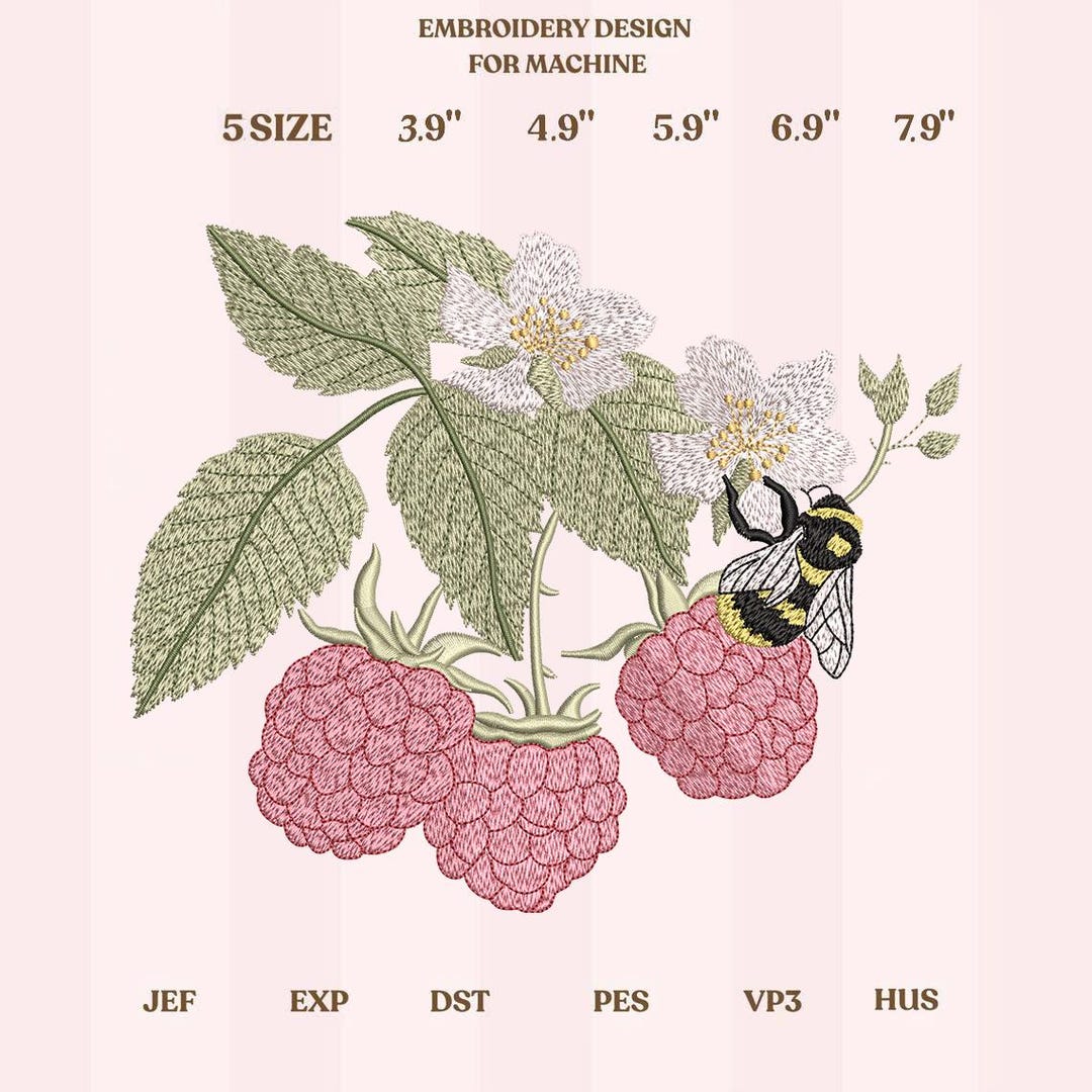 Embroider Raspberry Raspberry Embroidery Design, Bumblebee on Berry Branch Embroidery File ...
