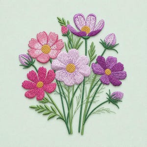 Könnte beinhalten: Ein Stickmuster mit einem Strauß aus Kosmeenblüten in verschiedenen Rosa-, Helllila- und Dunkelvioletttönen. Jede Blüte hat eine texturierte gelbe Mitte, umgeben von dünnen grünen Stielen und zarten, gefiederten grünen Blättern.