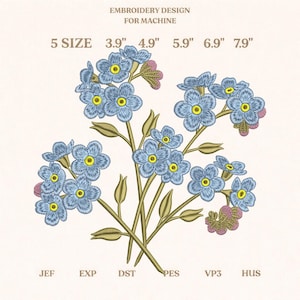 Diseño de bordado de flor Nomeolvides, descarga instantánea, 5 tamaños.