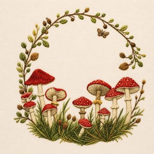Può includere: Un ricamo su tessuto color crema che presenta una disposizione circolare di viti verdi, piccole pigne marroni e una farfalla. Sotto le viti, un gruppo di funghi rossi con macchie bianche cresce tra erba e fogliame verde.