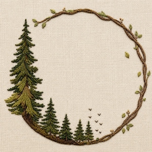 Pine Tree Forest Wreath Machine Embroidery Design, Woodland Nature PES DST Download