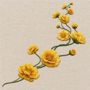 Può includere: Un ricamo su tessuto beige che presenta un gruppo di fiori gialli con petali strutturati e steli verdi. La composizione floreale include diversi fiori completamente sbocciati e piccoli boccioli collegati da sottili linee di filo verde curve.
