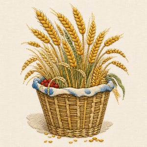 Puede incluir: Un diseño de bordado que muestra una cesta tejida llena de espigas de trigo doradas y algunos tallos verdes. Una tela con estampado azul y blanco bordea la parte superior de la cesta, con pequeñas bayas rojas dentro. Granos sueltos yacen debajo.