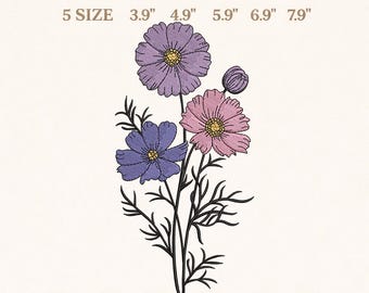 Diseño de bordado de flor de cosmos, flor de nacimiento de octubre, descarga instantánea, 5 tamaños.